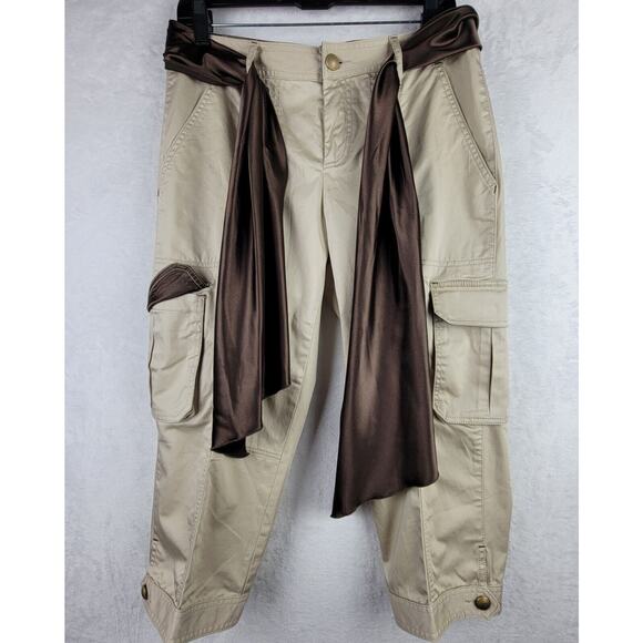 Cache Khaki Cargo Capri Brown Bohemian Scarf Belt Sz 8 Gold Button Decor Hippie - Picture 3 of 16